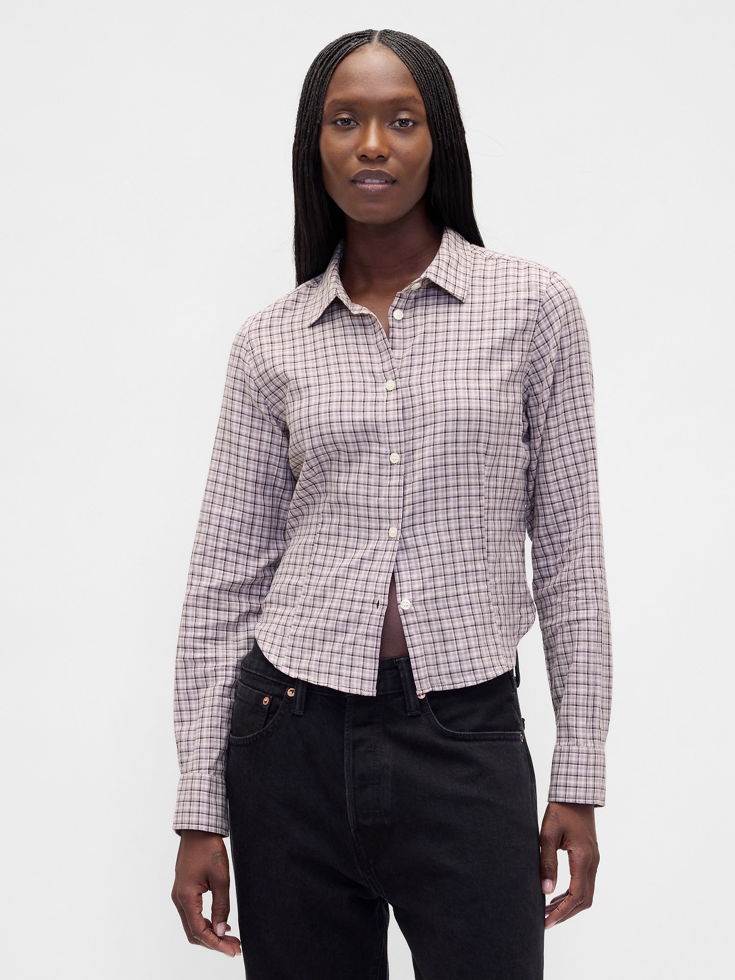 Flannel Fitted Plaid Shirt - Purple Plaid