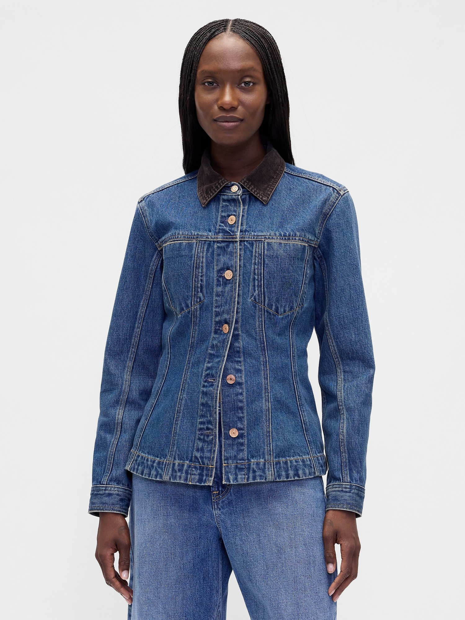 Fitted Longline Denim Jacket - Medium Wash