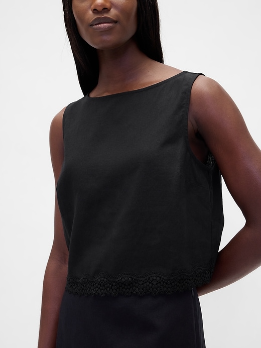 Image number 4 showing, Linen-Blend Lace-Hem Crop Shell Top