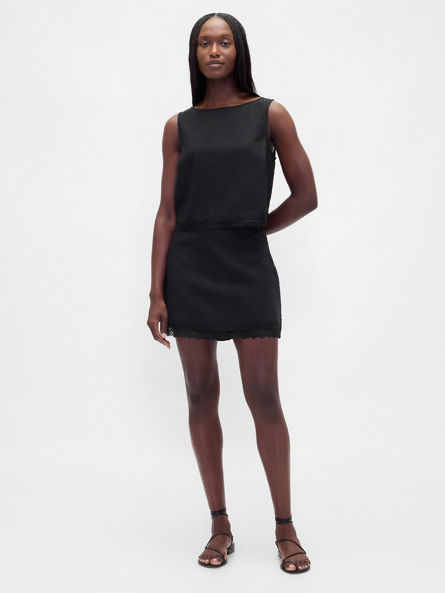 Linen-Blend Lace-Hem Crop Shell Top