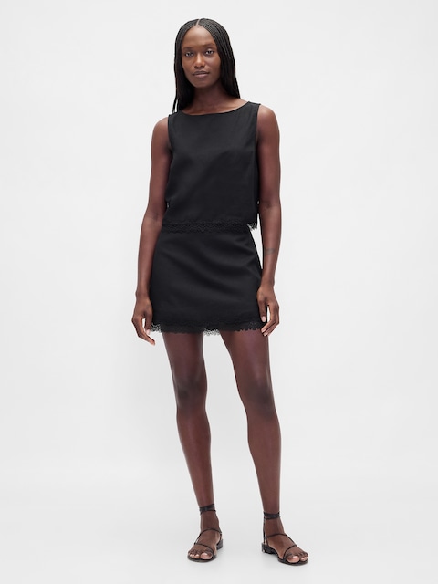 Linen-Blend Lace-Trim Mini Skort