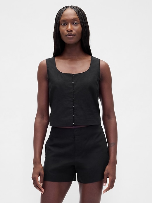 Image number 1 showing, Linen-Blend Hook-Front Crop Shell Top