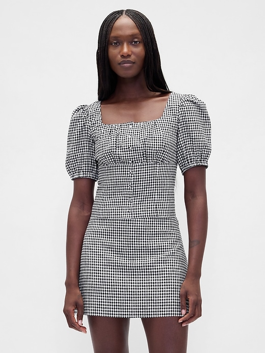 Image number 1 showing, Linen-Blend Puff-Sleeve Crop Corset Top