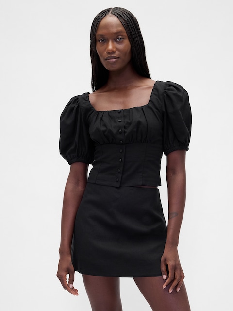 Linen-Blend Puff-Sleeve Crop Corset Top