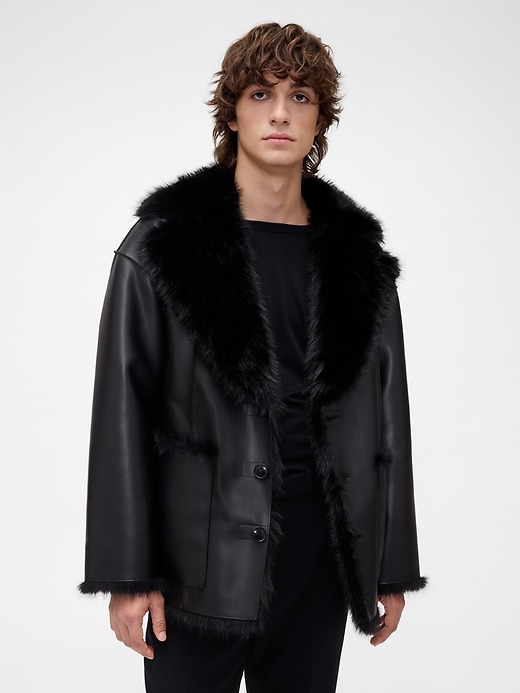 Image number 1 showing, GapStudio Adult Vegan Leather Fur-Lined Coat