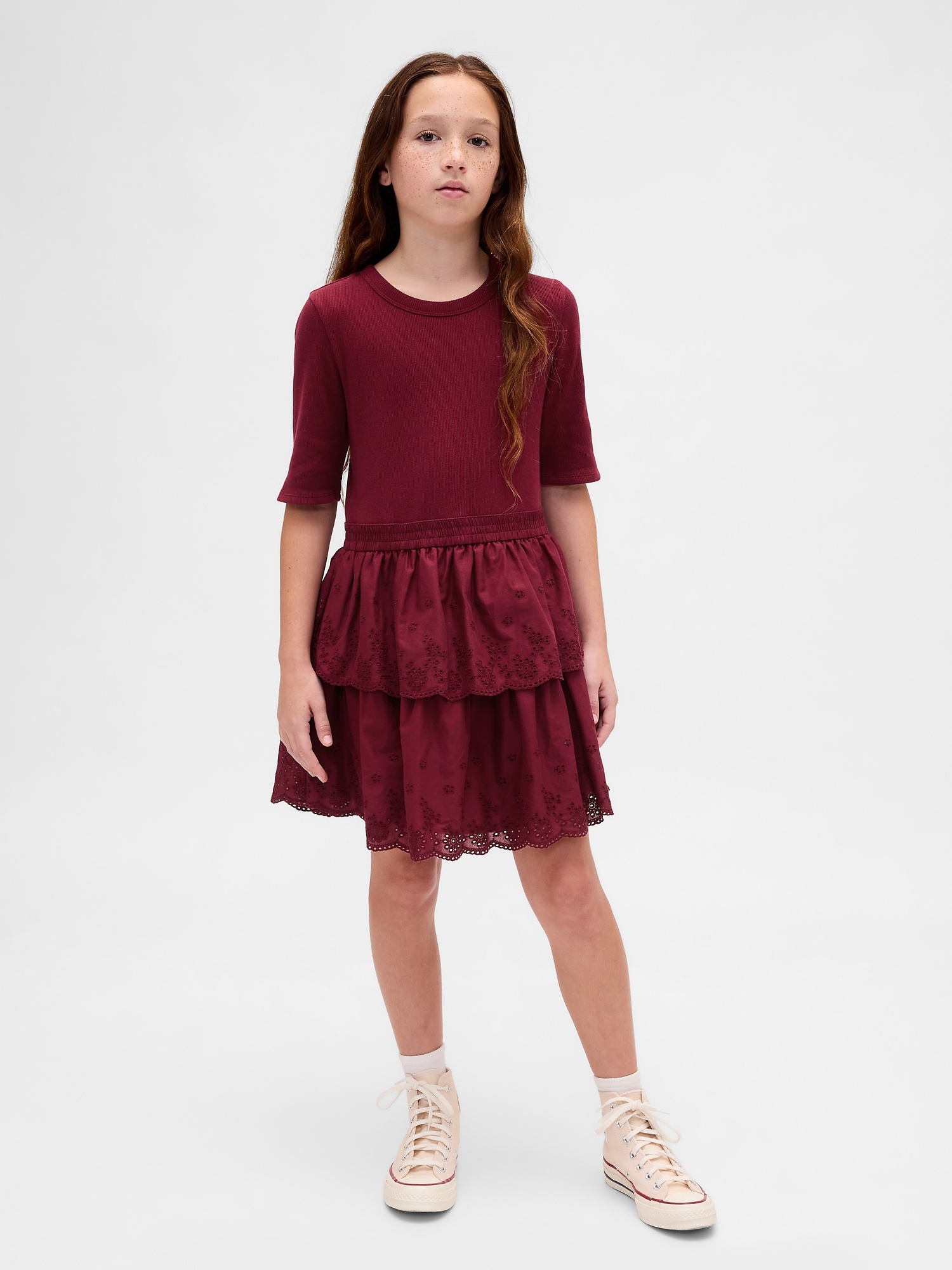 Kids Mixed Media Eyelet Dress - Red Delicious