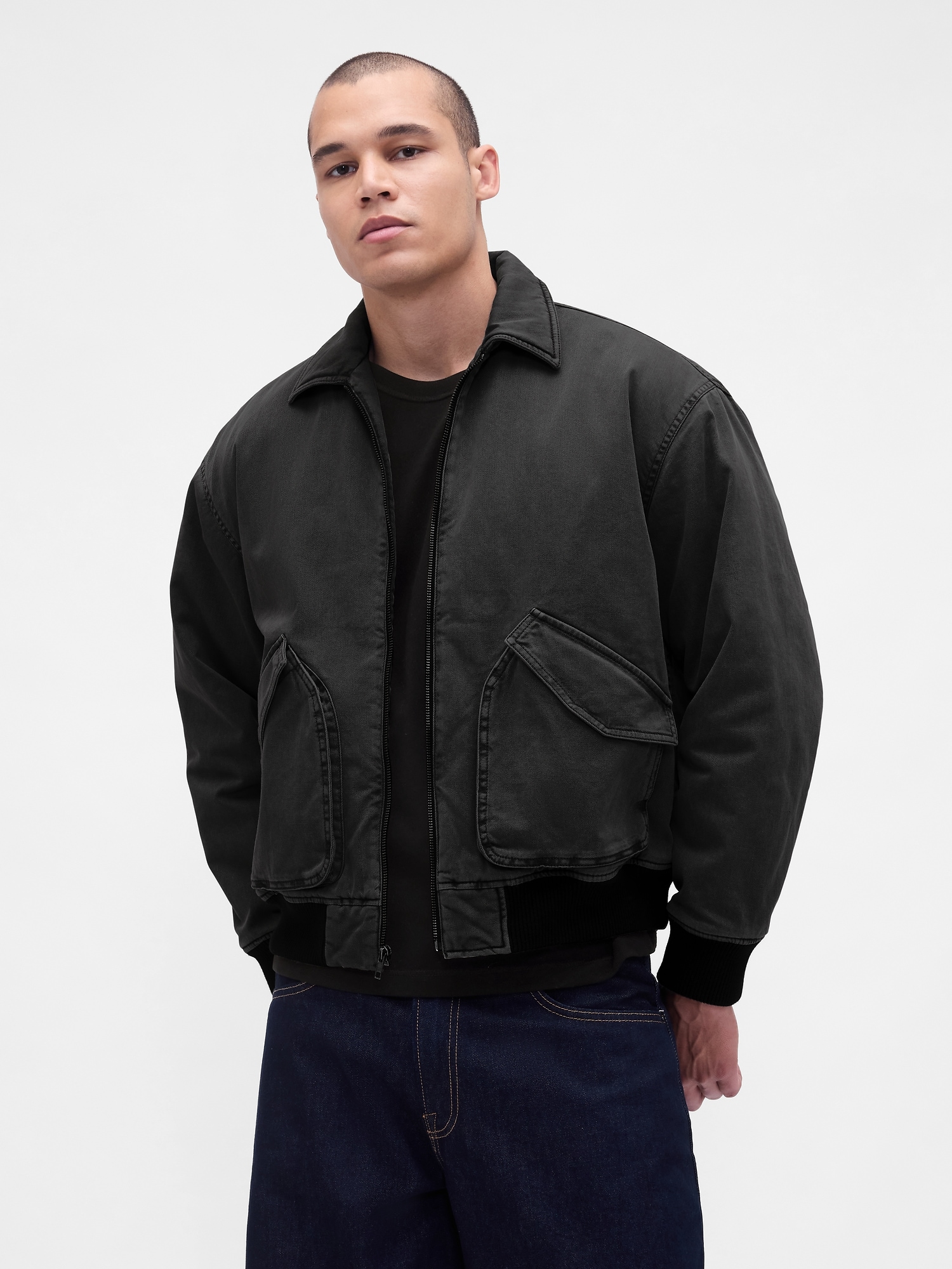 Washed Twill Bomber Jacket - Black