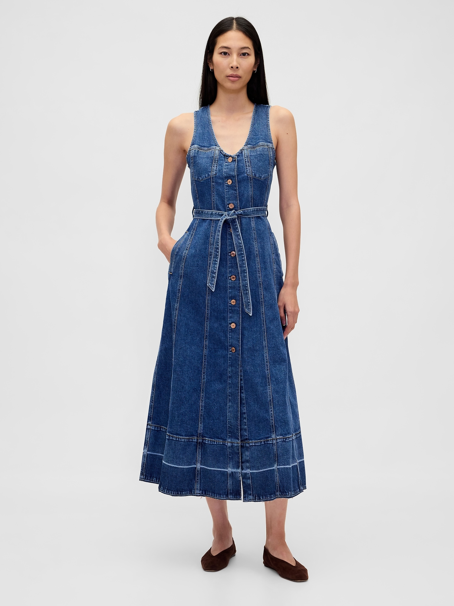 Gap Denim Belted Button-front Maxi Dress In Blue