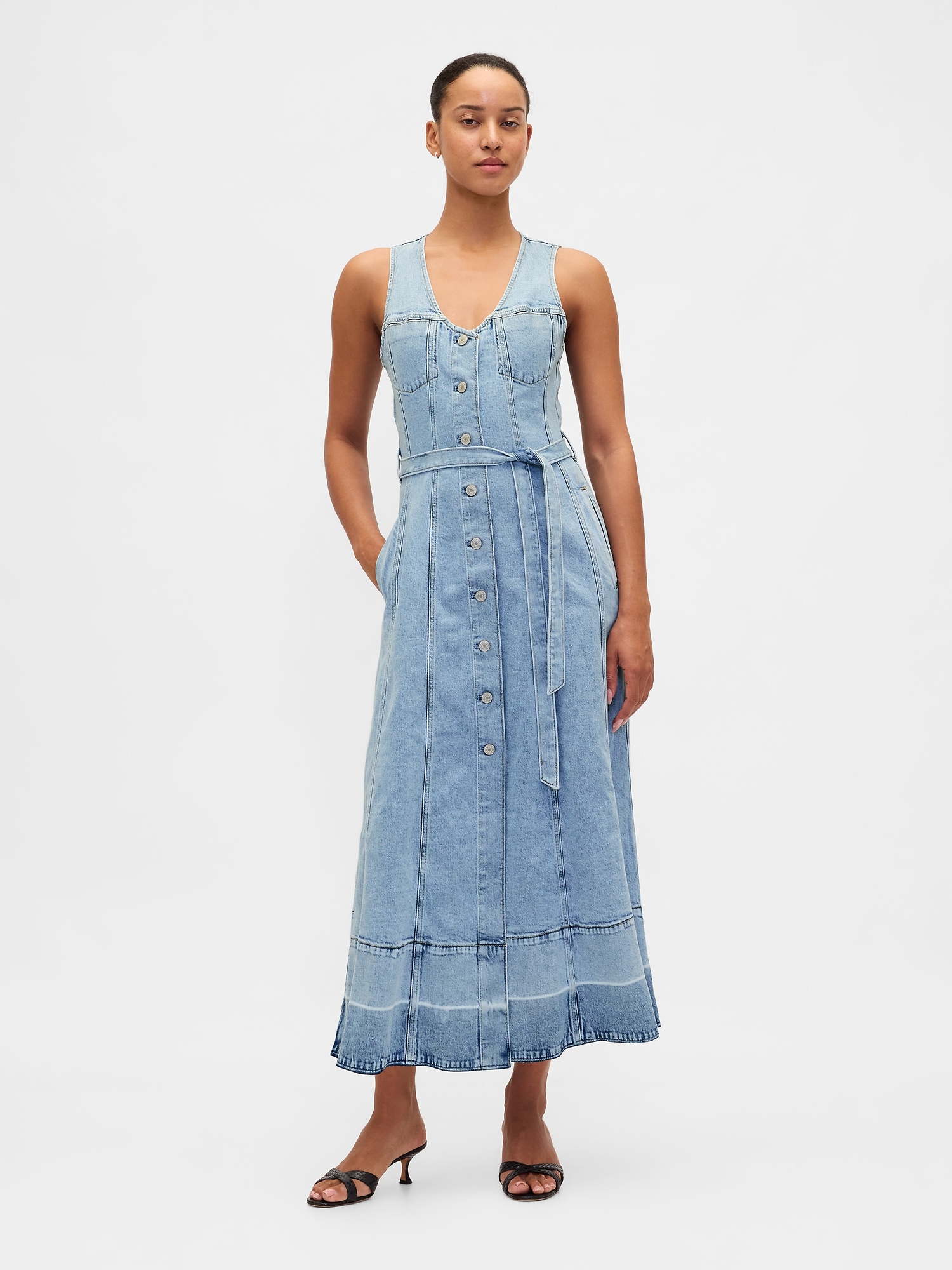 Gap Denim Belted Button-front Maxi Dress In Blue