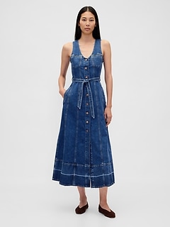 Denim Belted Button-Front Maxi Dress