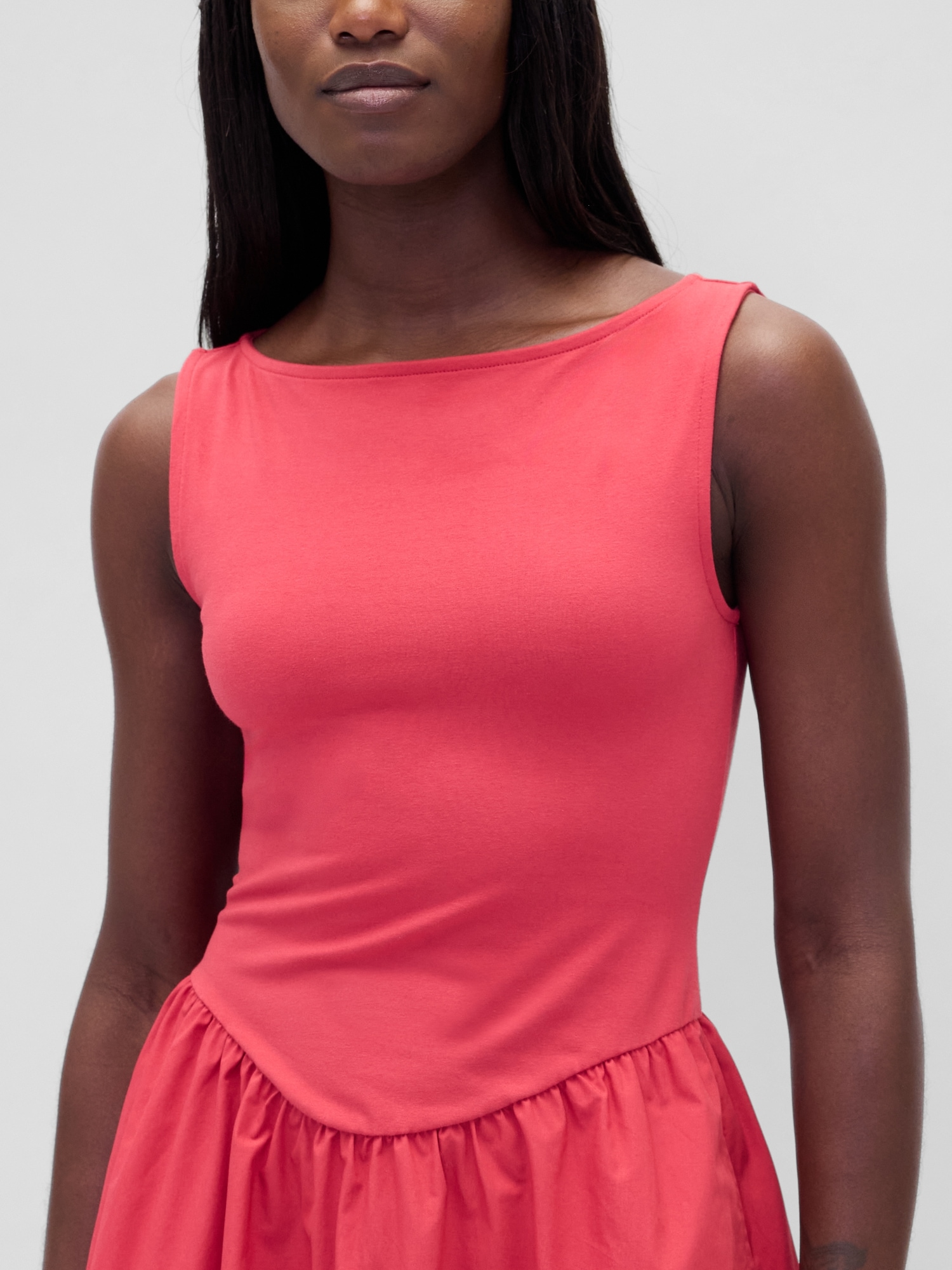 Женское платье Gap Mixed Media Drop-Waist Mini, цвет: Потёртый красный — фото 3