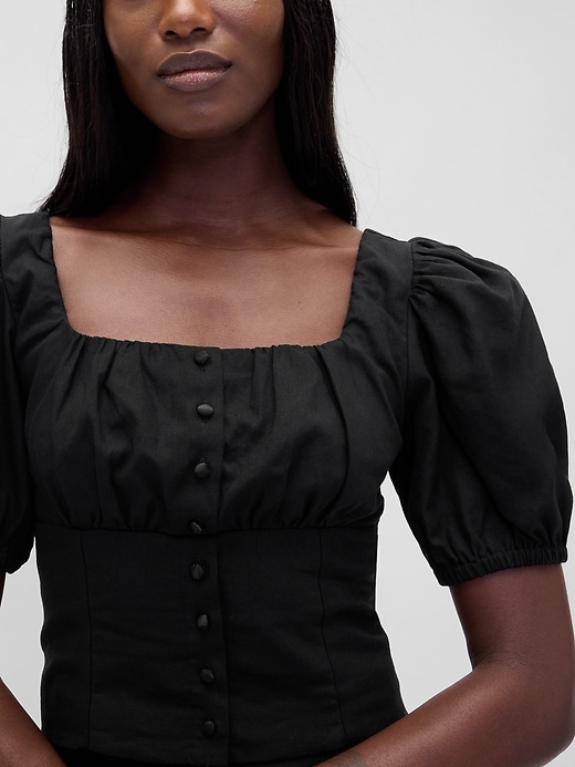 Image number 4 showing, Linen-Blend Puff-Sleeve Crop Corset Top