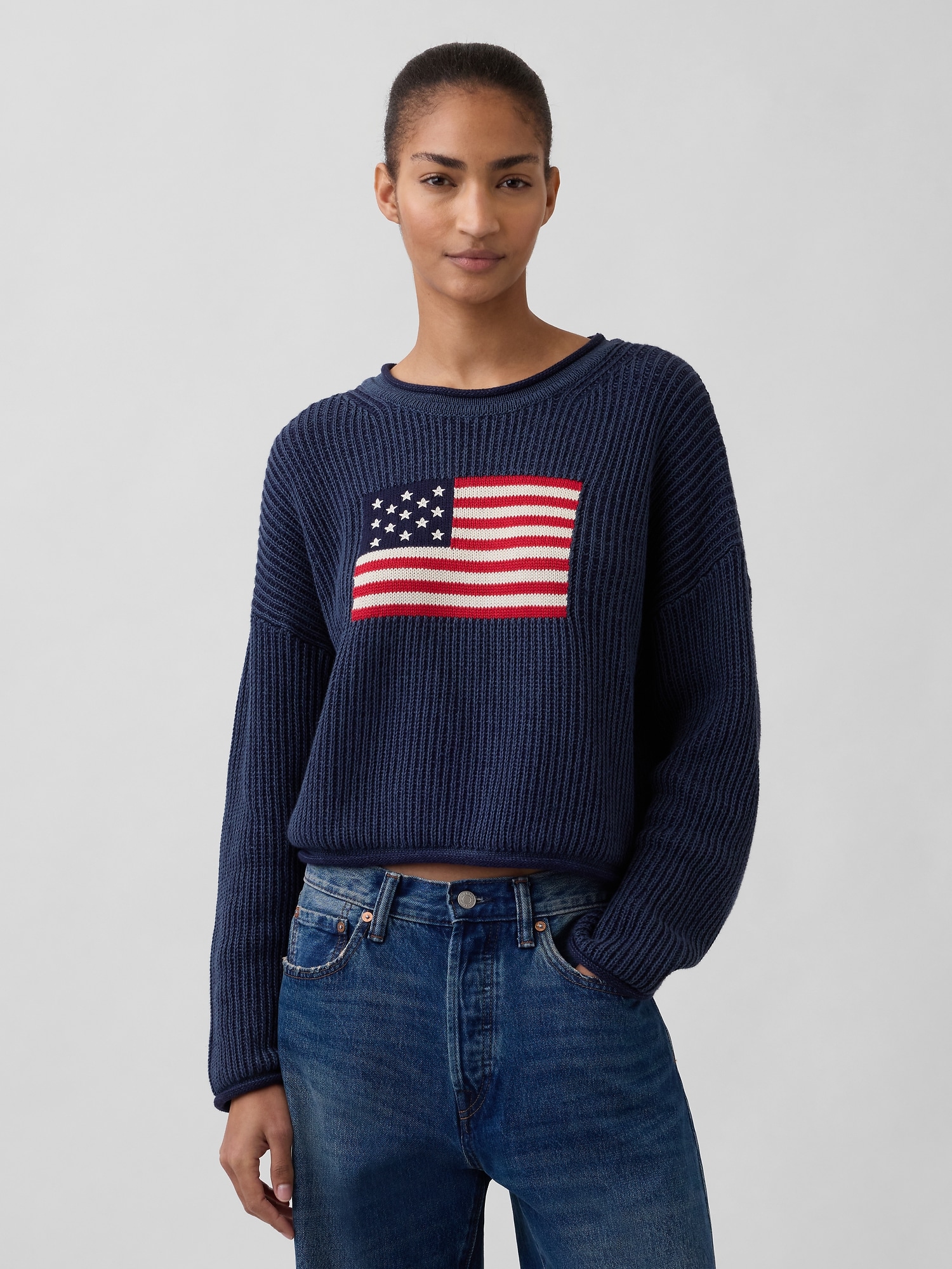 100% Cotton Oversized Crop Americana Sweater - Navy Blue