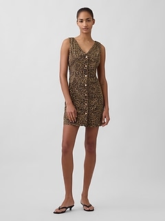 Leopard Denim V-Neck Mini Dress