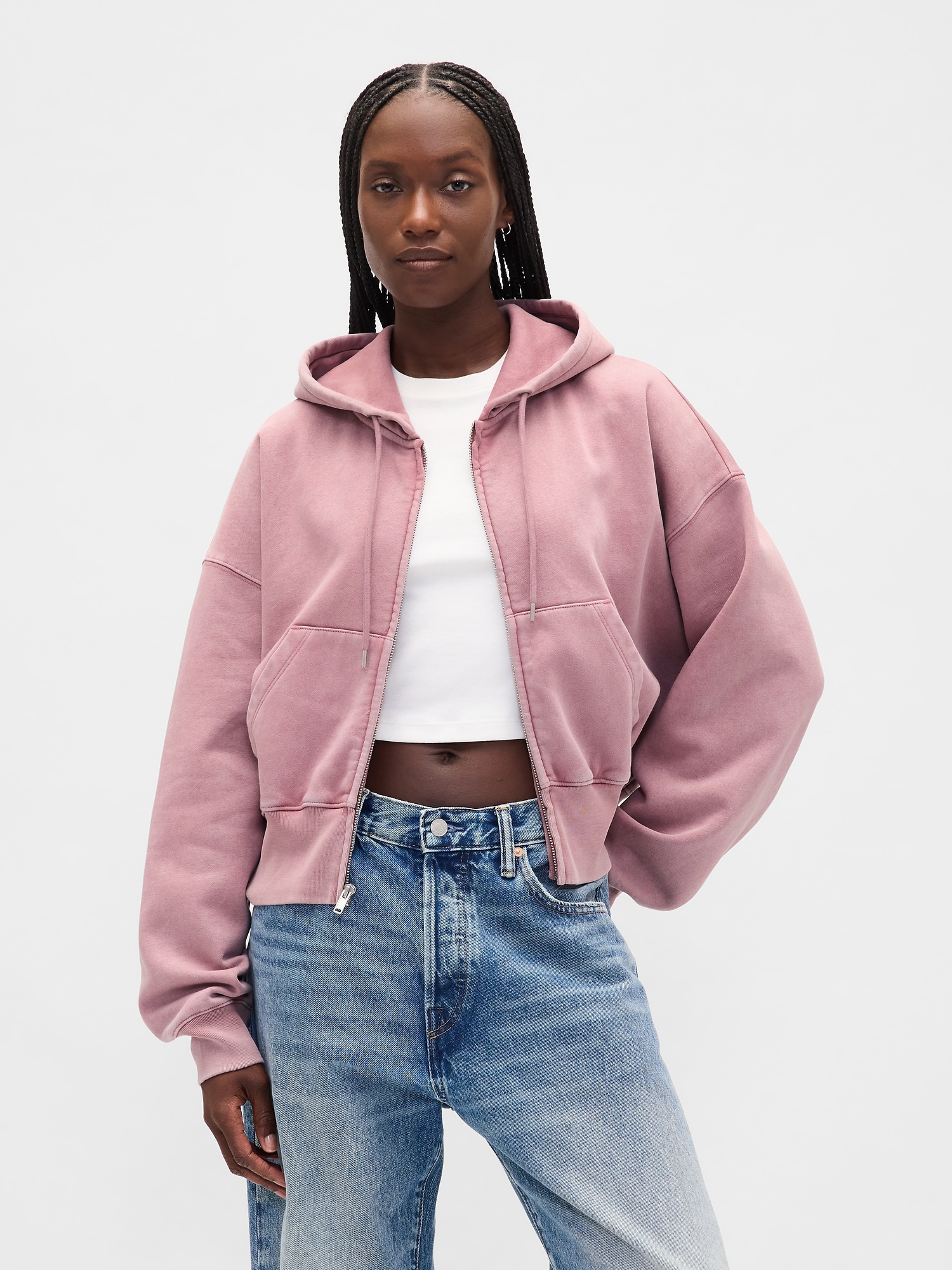 VintageSoft Full-Zip Wedge Hoodie - Mauve Pink Wash