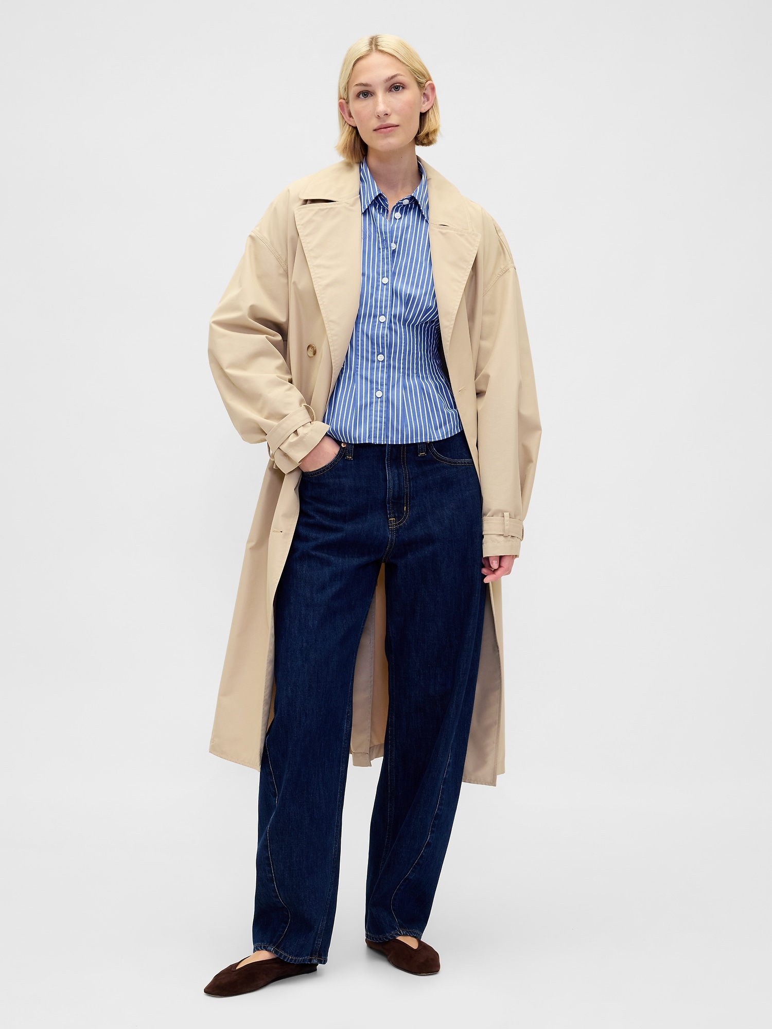 Женская рубашка Gap Organic Cotton Poplin Fitted, цвет: Синий / Белый — фото 2