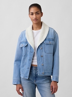 Sherpa-Lined Shawl Denim Jacket