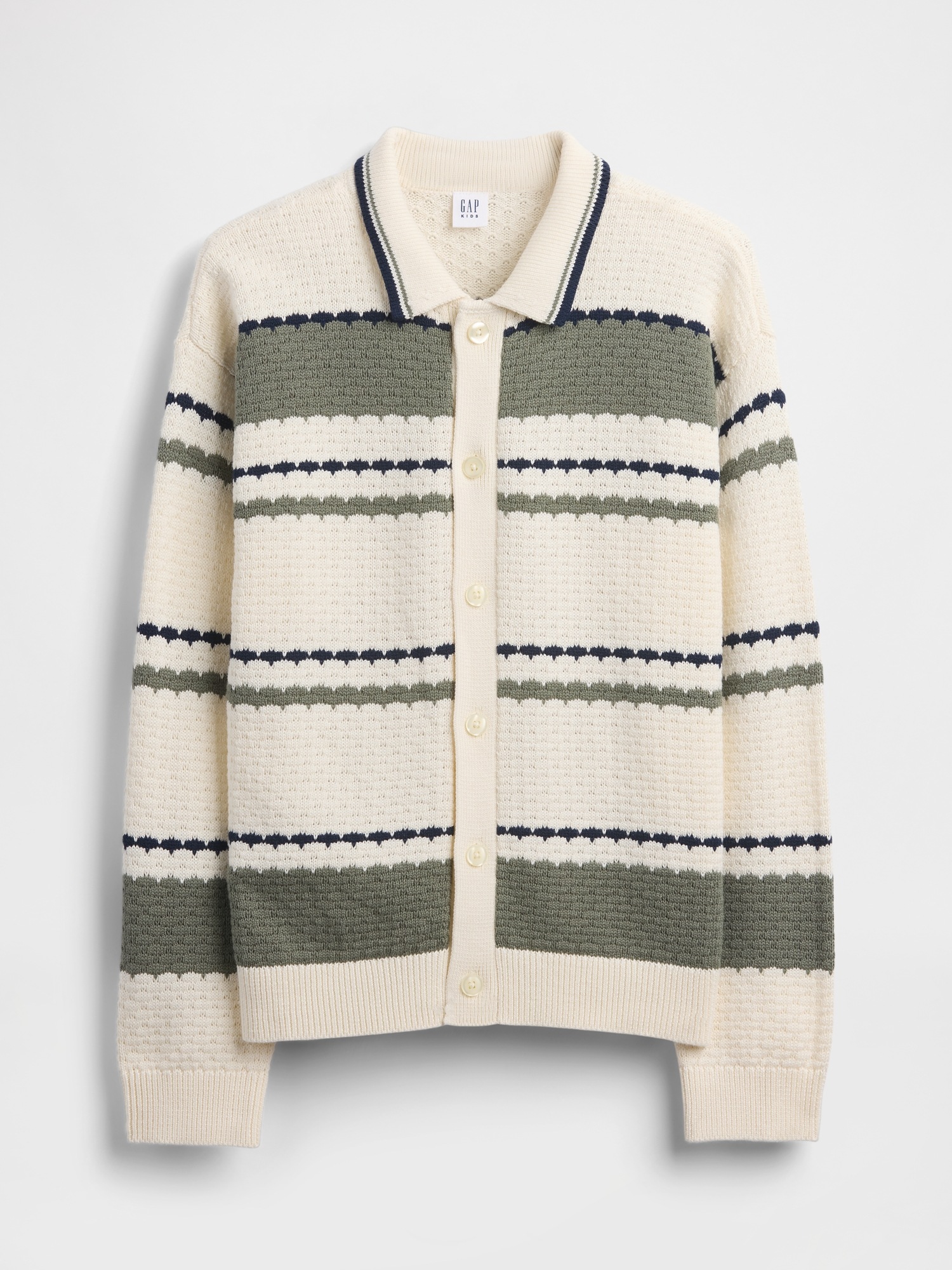 Детский кардиган Gap Relaxed Polo Cardigan, цвет: Зелёный полосатый — фото 2
