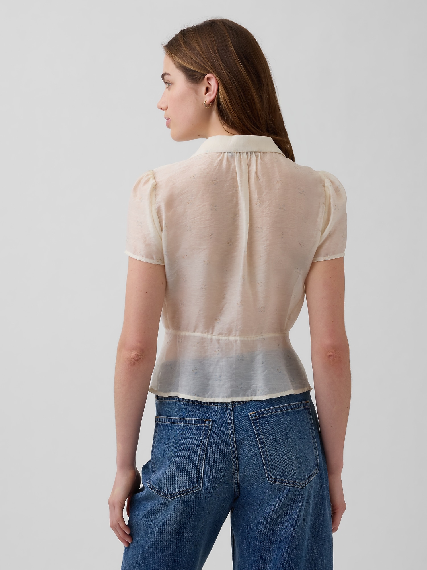 Sheer Button-Front Peplum Top