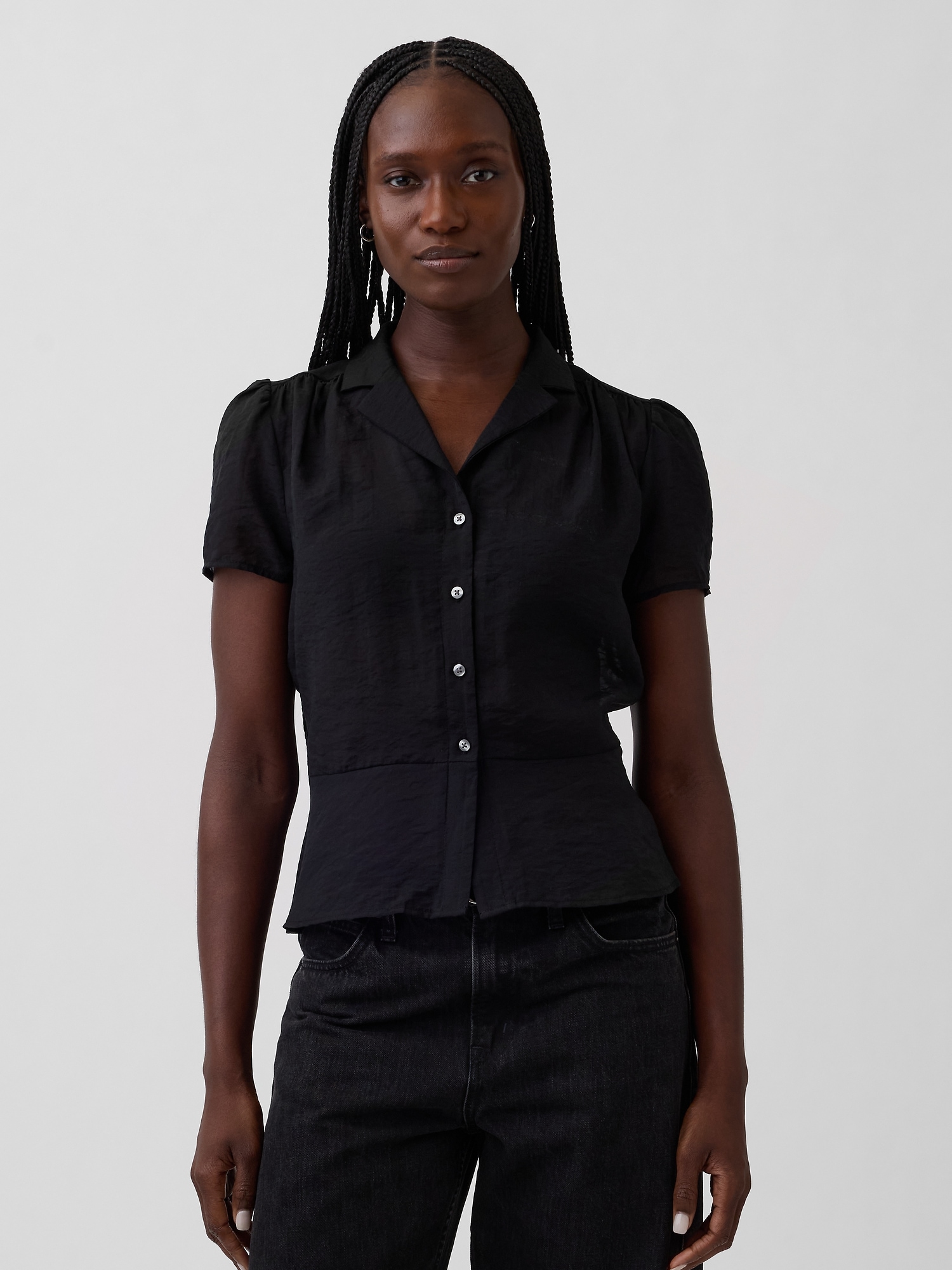 Sheer Button-Front Peplum Top