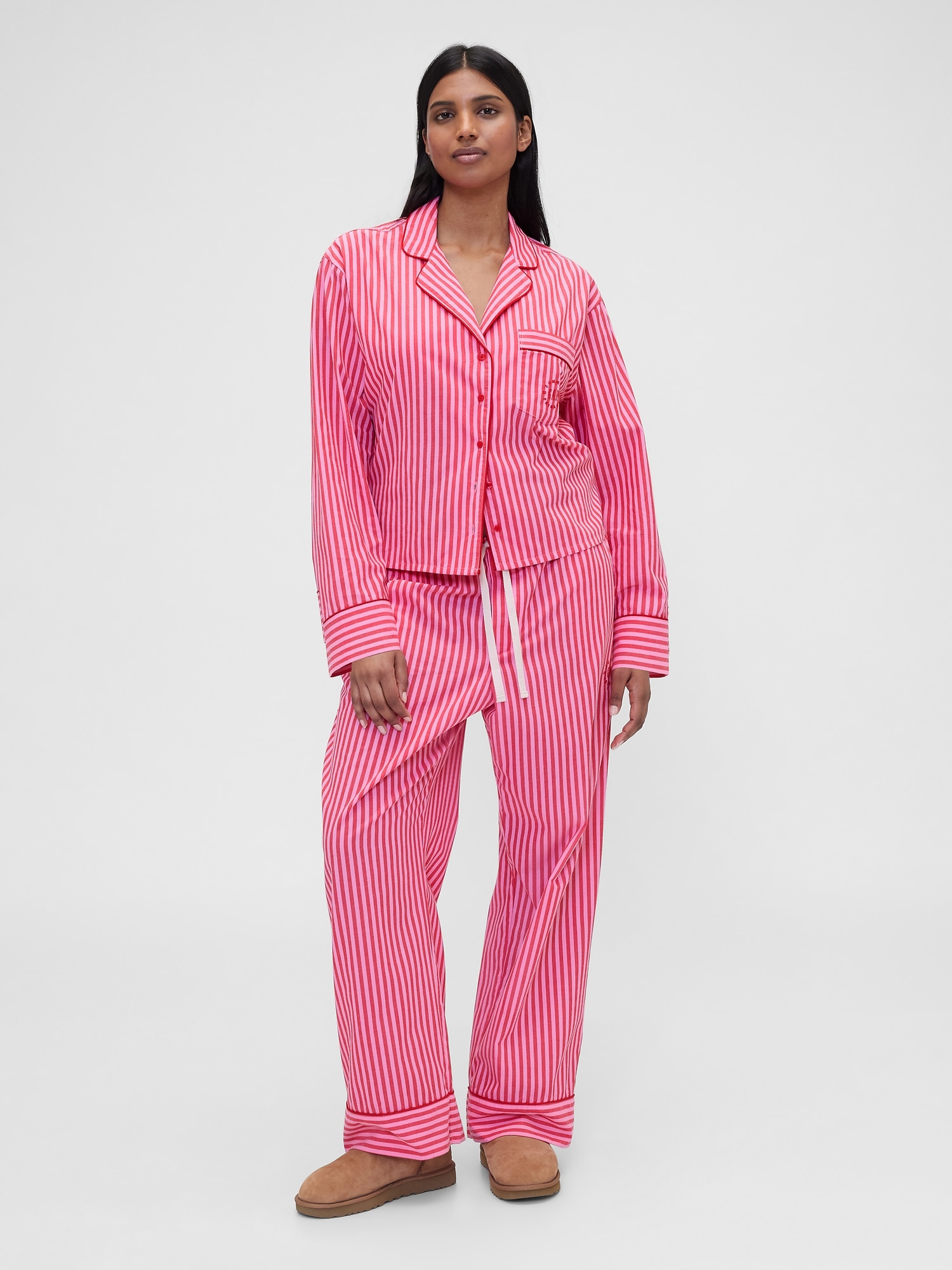 Женская рубашка Gap × Summer Fridays Relaxed Poplin Stripe PJ, цвет: Полосатый красный — фото 4