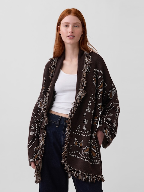 Cotton-Blend Fringe Shawl Cardigan