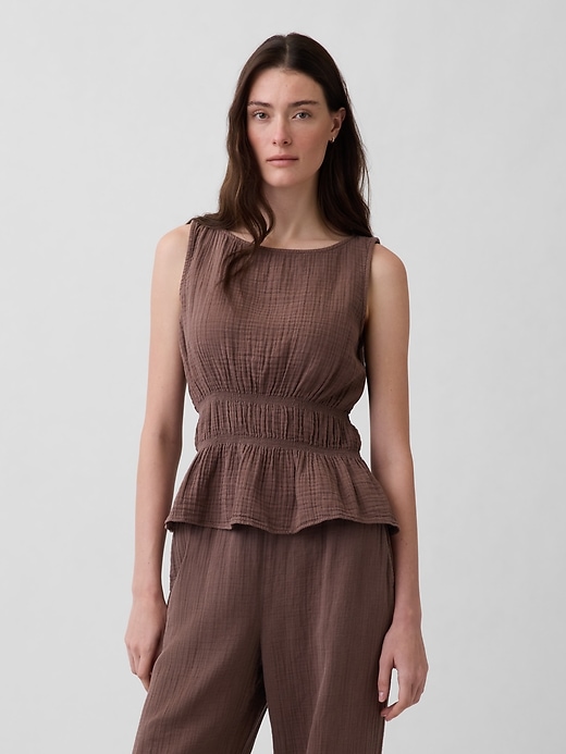 Image number 1 showing, Cotton Gauze Smocked-Waist Peplum Top