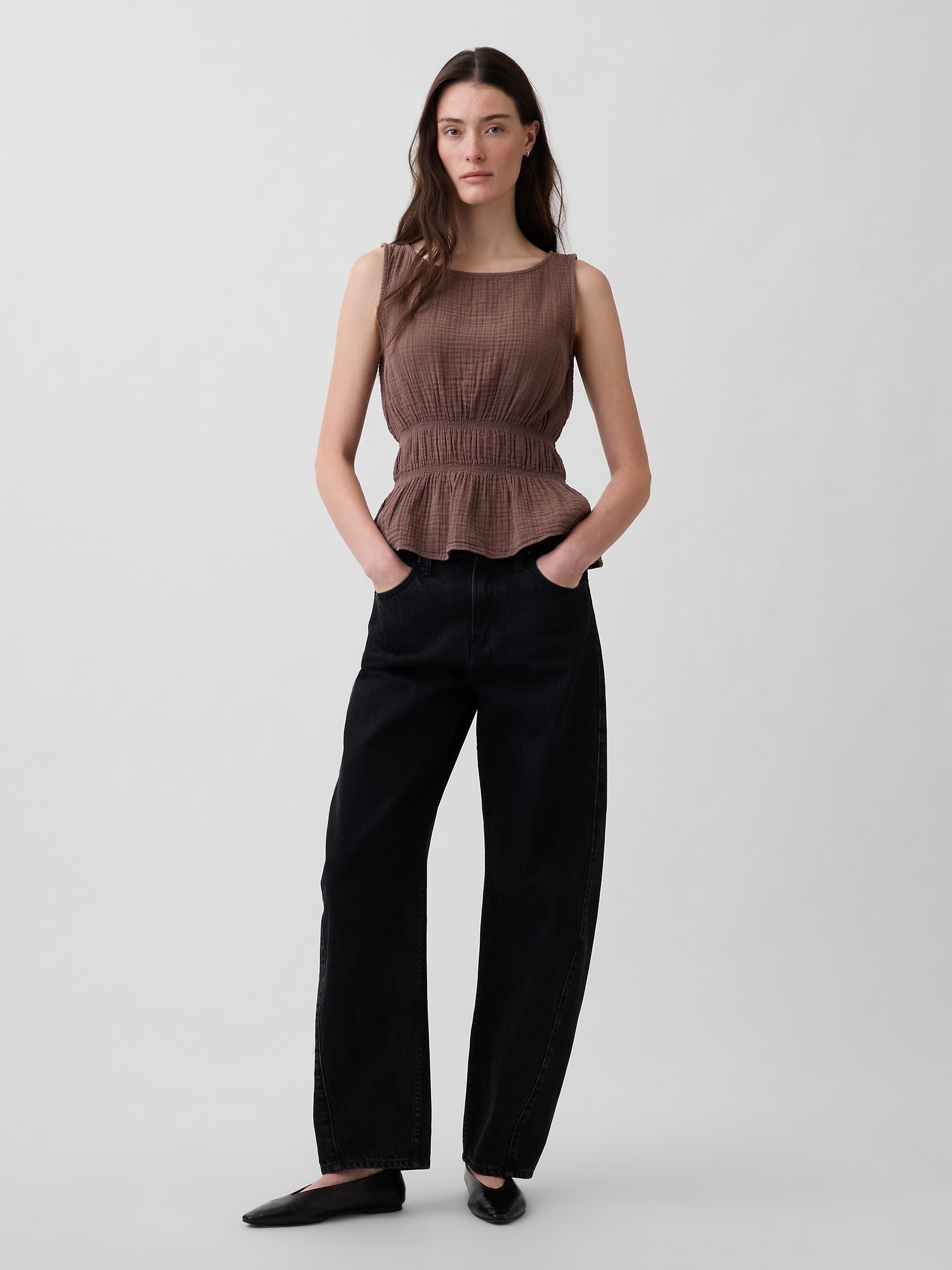 Cotton Gauze Smocked-Waist Peplum Top