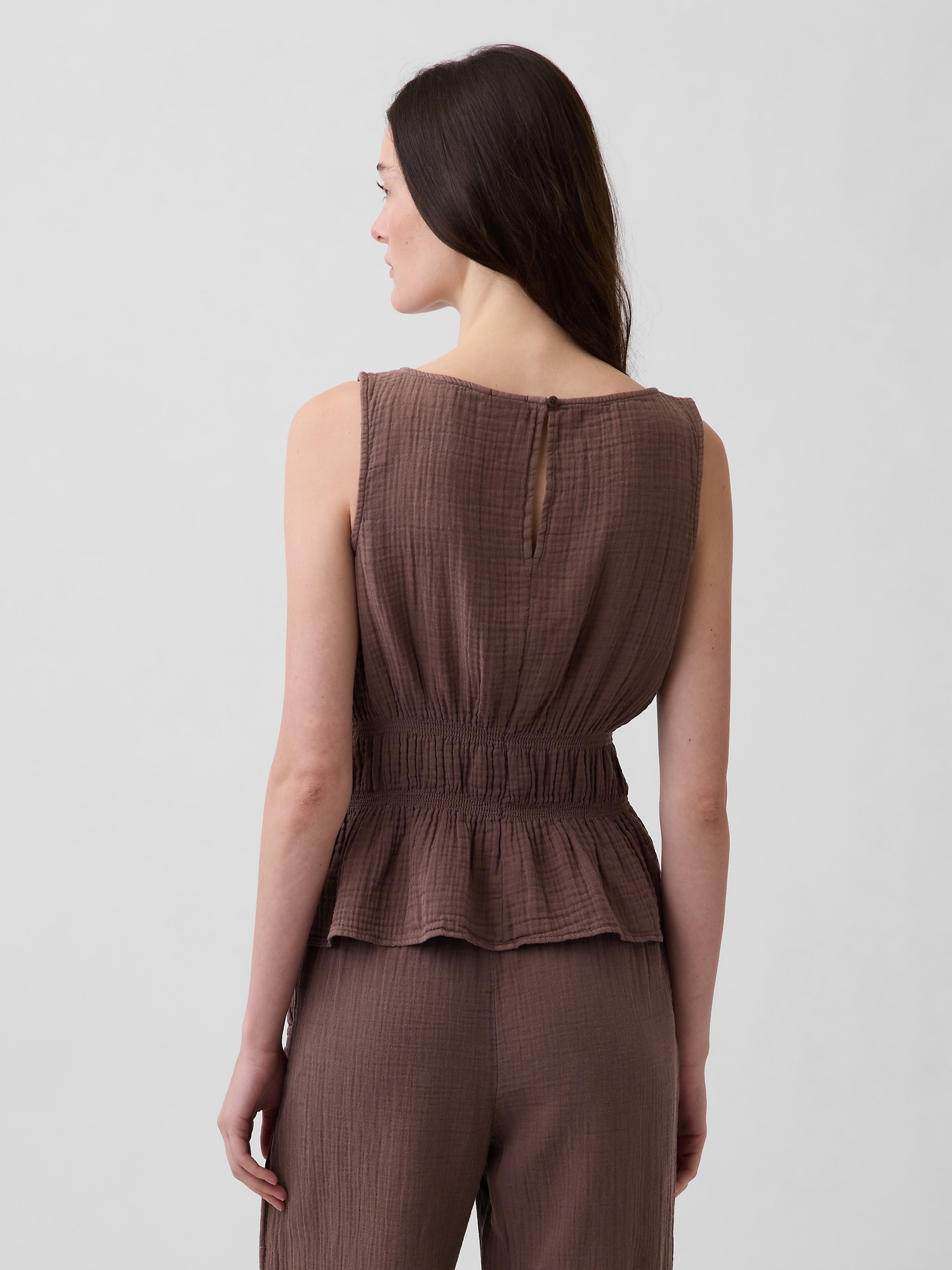 Cotton Gauze Smocked-Waist Peplum Top