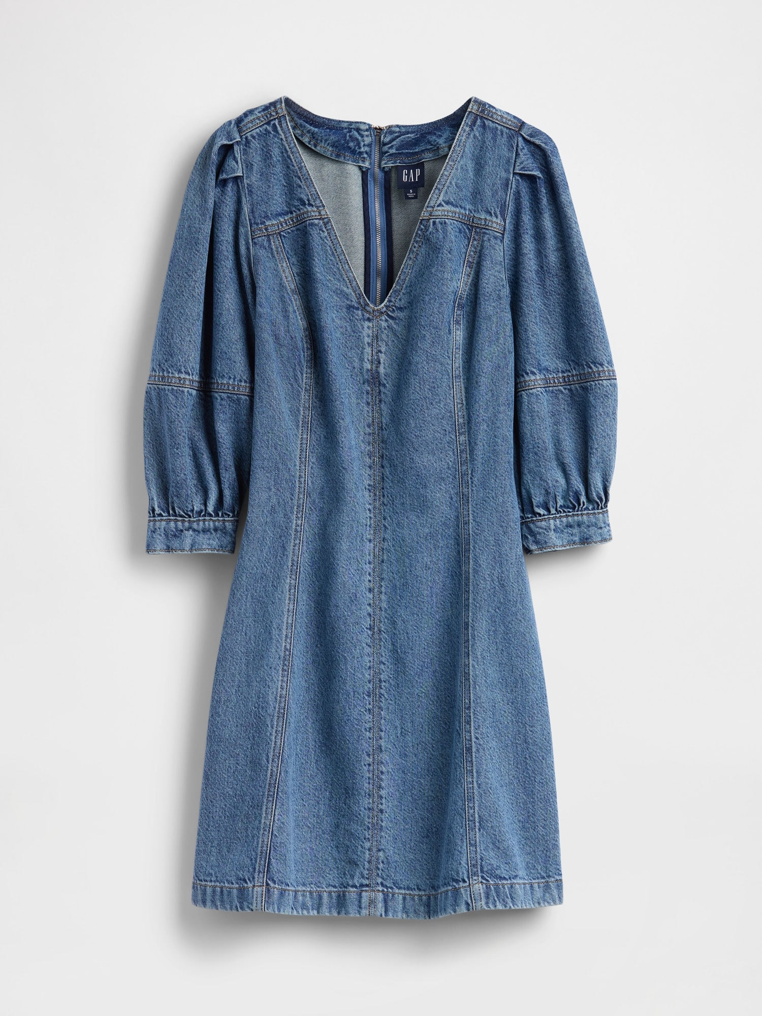 Женское платье Gap UltraSoft Denim Puff-Sleeve Mini, цвет: Средняя варка — фото 4