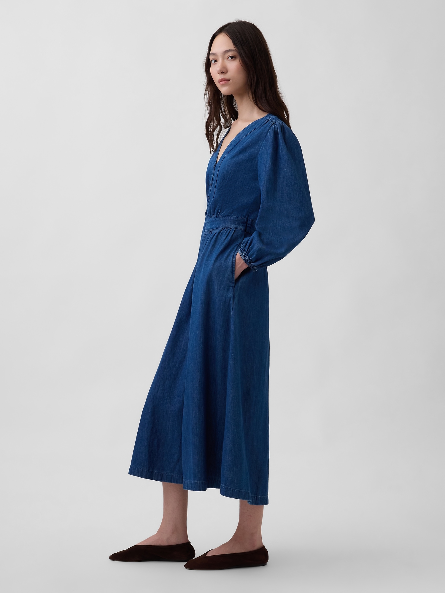 Denim Pieced-Waist Midi Dress