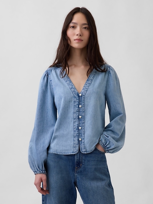 Image number 1 showing, Denim Puff-Sleeve Top