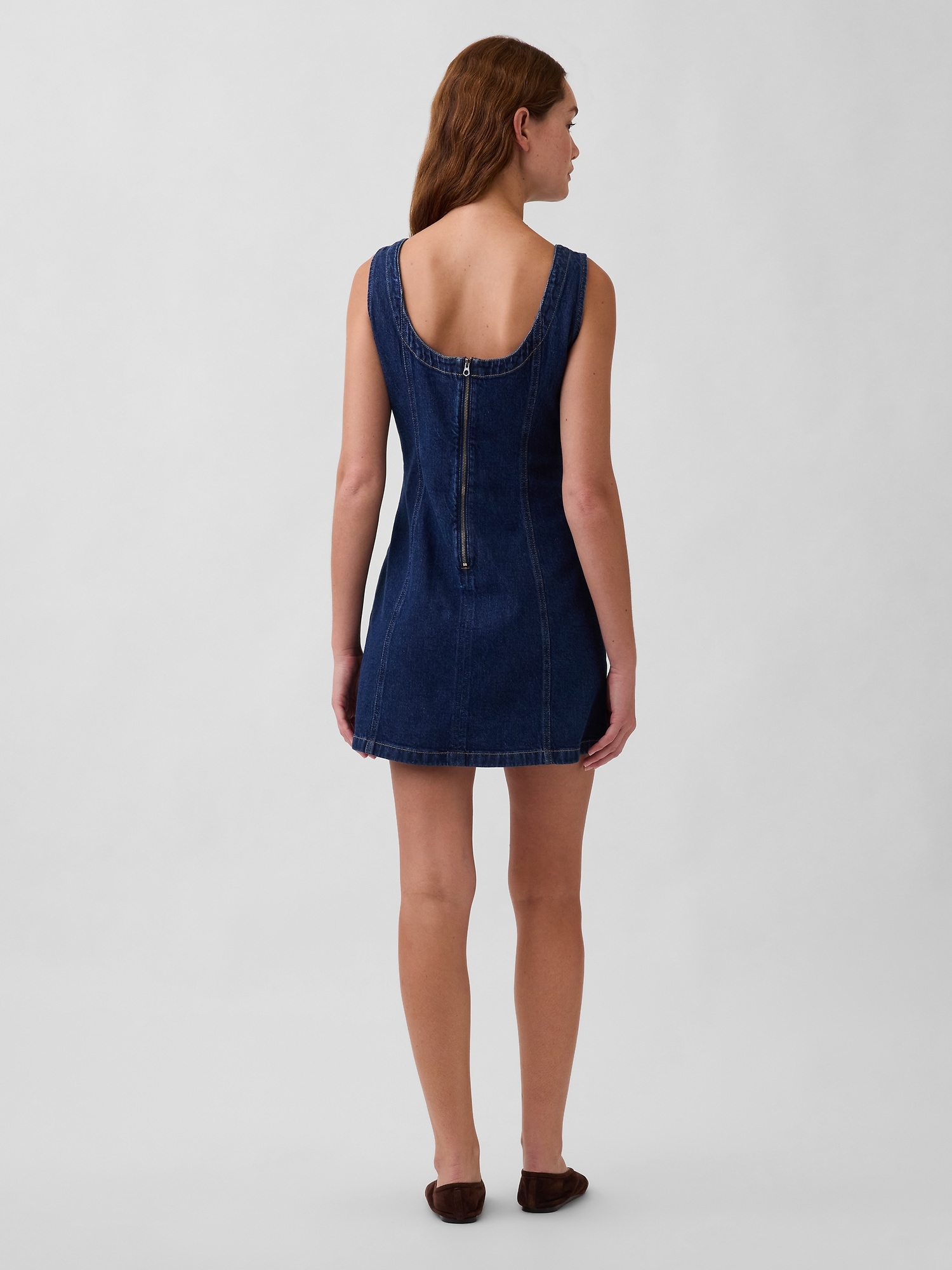 Denim Boatneck Open-Back Mini Dress