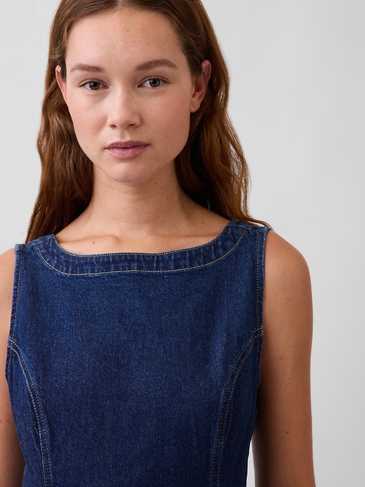 Image number 4 showing, Denim Boatneck Open-Back Mini Dress