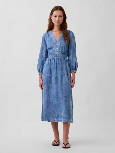Denim Pieced-Waist Midi Dress