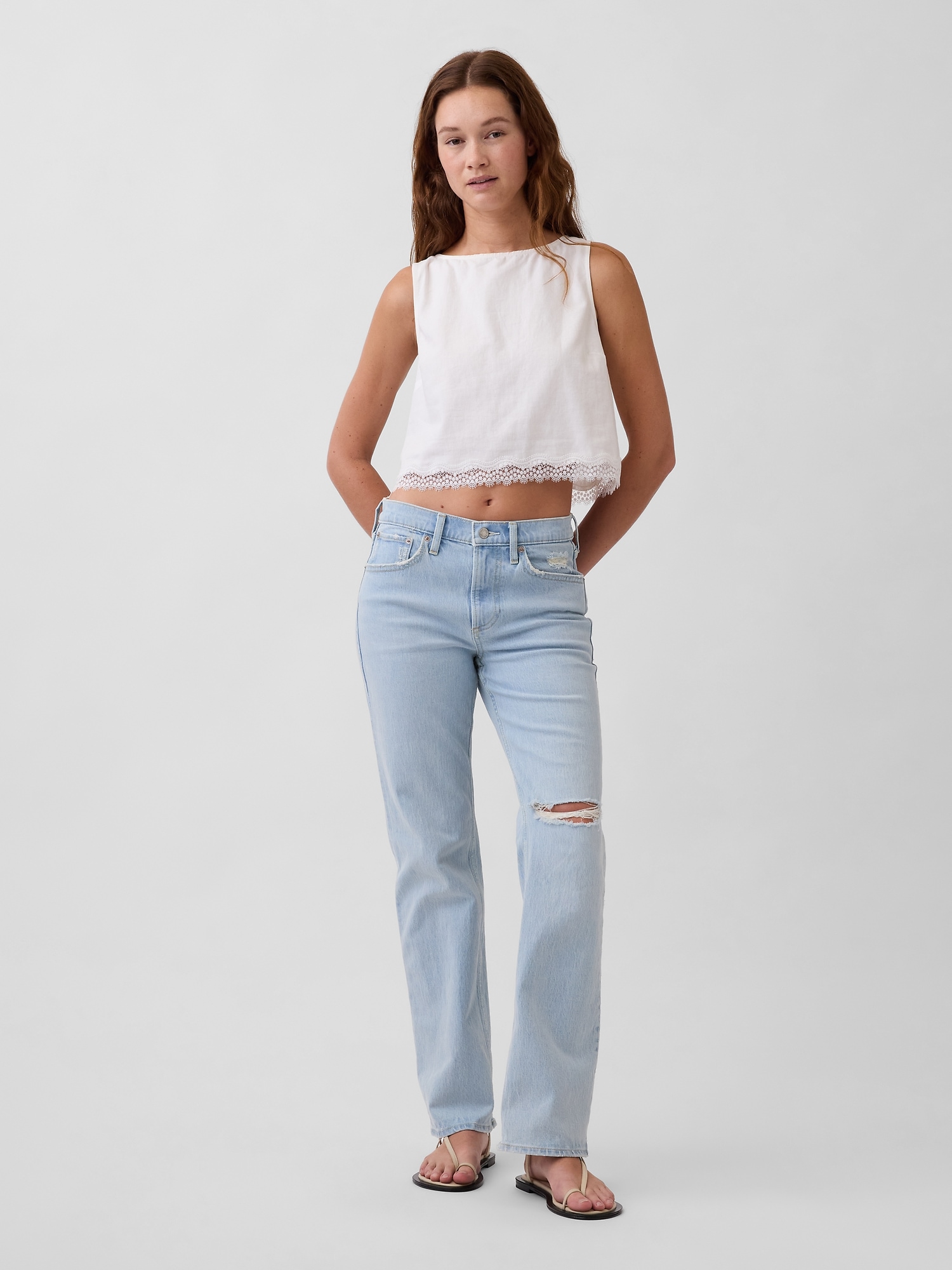Linen-Blend Lace-Hem Crop Shell Top