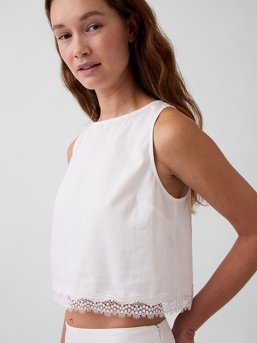Image number 4 showing, Linen-Blend Lace-Hem Crop Shell Top