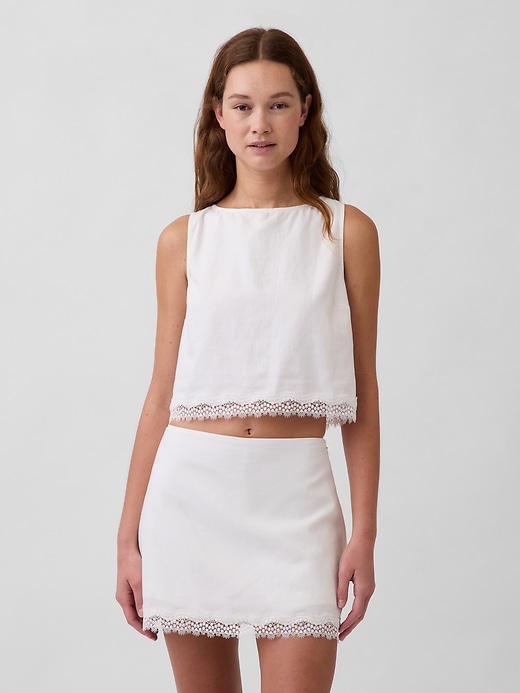 Image number 1 showing, Linen-Blend Lace-Hem Crop Shell Top
