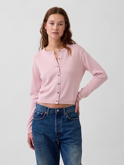Image number 1 showing, 100% Cotton Relaxed Crop Cardigan Sweater