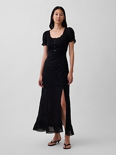 Embroidered Puff-Sleeve Maxi Dress