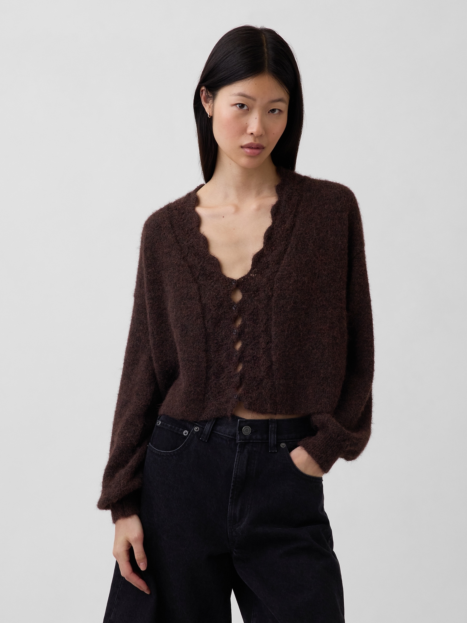 Gap Fuzzy Pointelle Scalloped Crop Cardigan In Brown