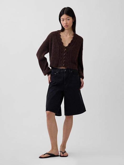 Image number 2 showing, Fuzzy Pointelle Scalloped Crop Cardigan