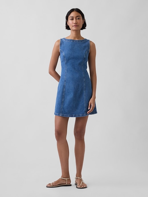 Image number 1 showing, Denim Boatneck Open-Back Mini Dress