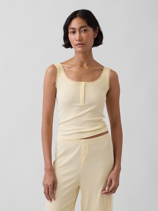 Image number 1 showing, Mini Rib Lace Henley PJ Tank Top