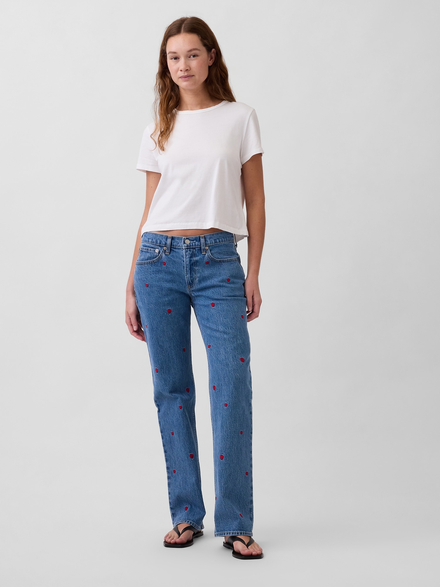 Mid Rise Relaxed Embroidered Straight Jeans
