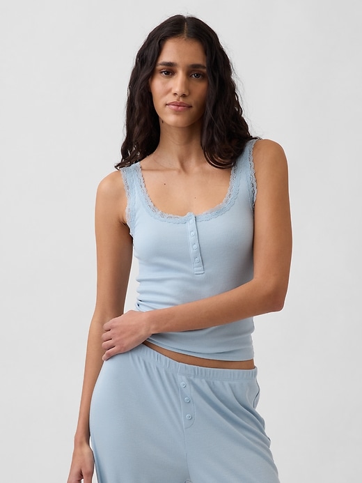 Image number 1 showing, Mini Rib Lace Henley PJ Tank Top