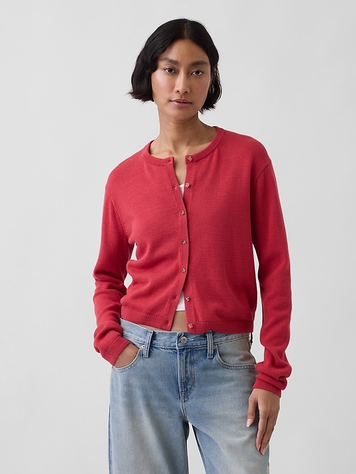 Image number 1 showing, 100% Cotton Relaxed Crop Cardigan Sweater