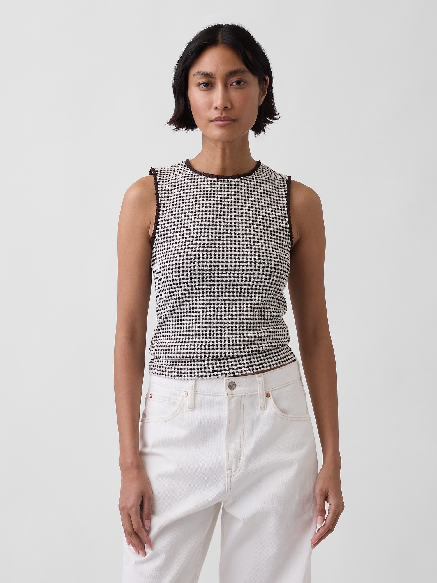 Gingham Pointelle Shell Tank Top