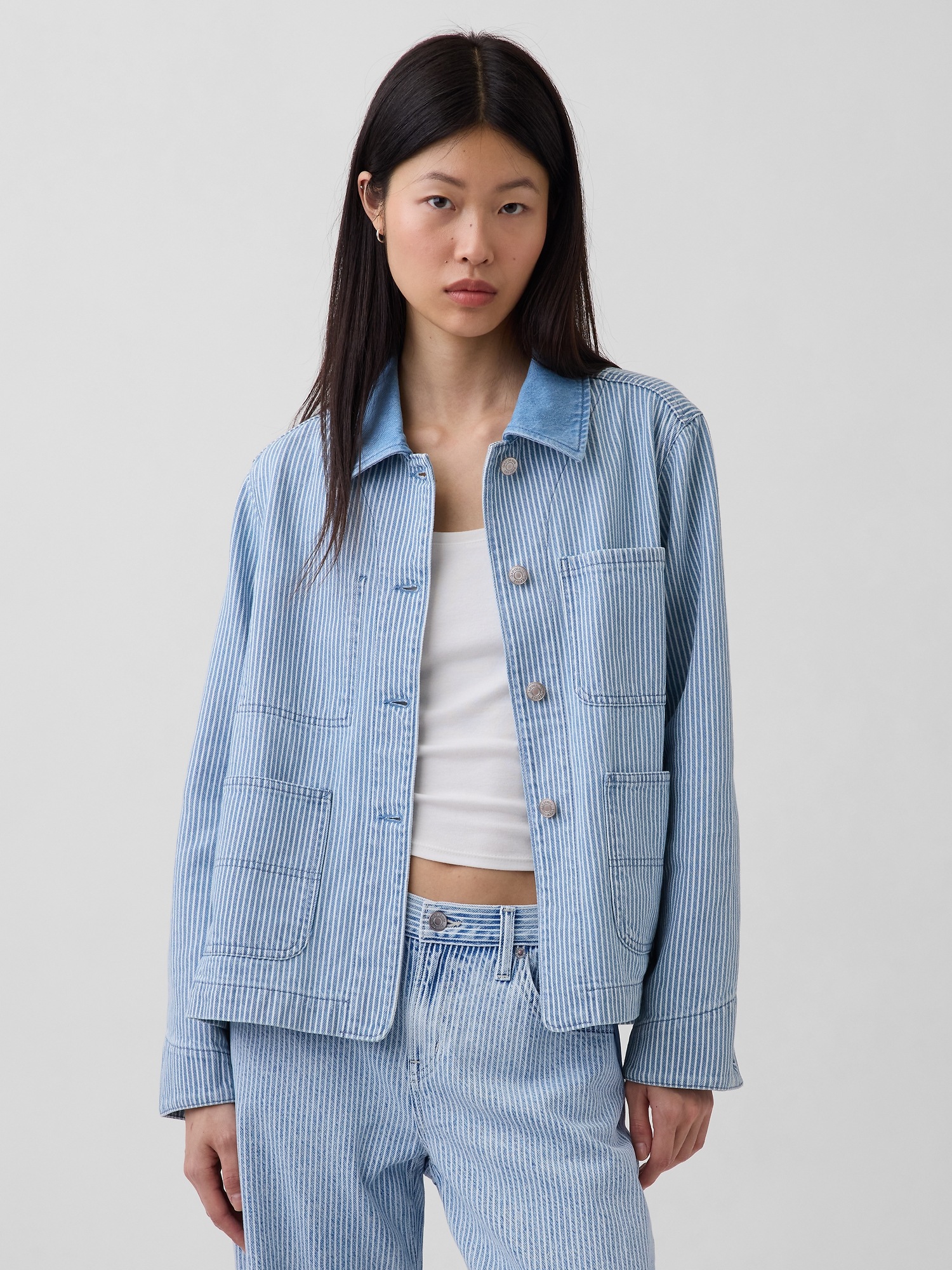 Женская куртка Gap Denim Stripe Chore, цвет: Синий полосатый