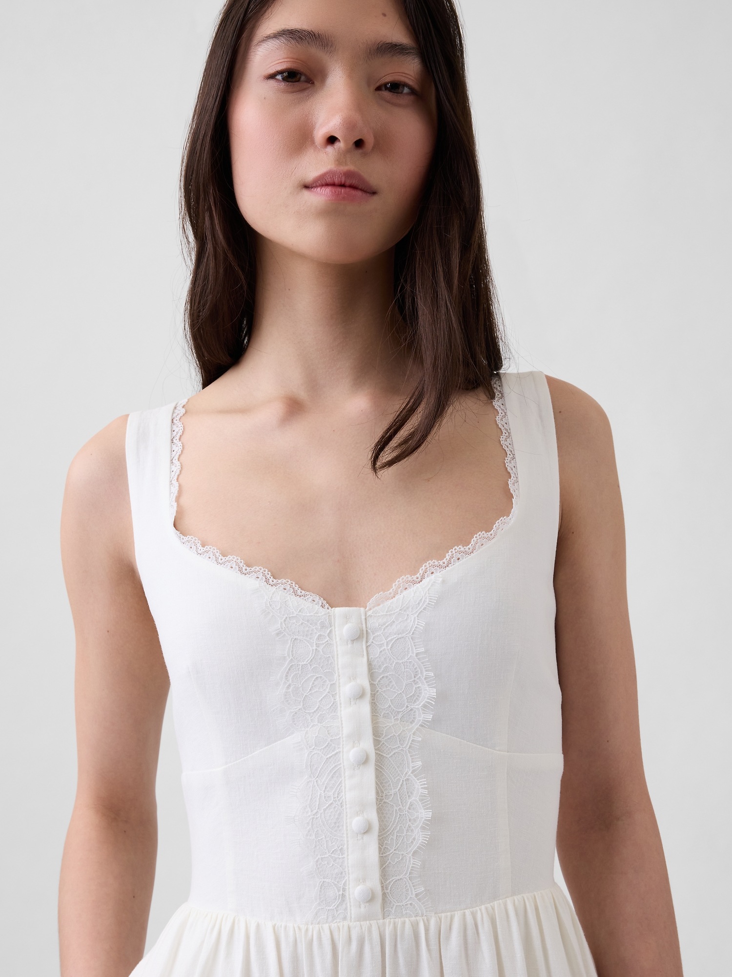 Женское платье Gap Linen-Blend Lace-Inset Maxi, цвет: Молочный белый — фото 3
